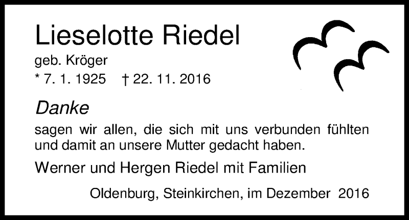  Traueranzeige für Lieselotte Riedel vom 17.12.2016 aus Nordwest-Zeitung