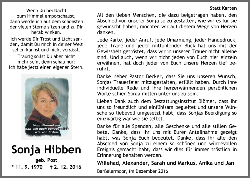  Traueranzeige für Sonja Hibben vom 31.12.2016 aus Nordwest-Zeitung