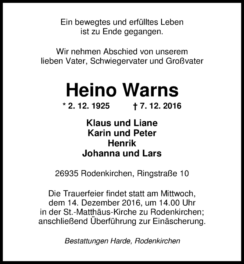  Traueranzeige für Heino Warns vom 10.12.2016 aus Nordwest-Zeitung