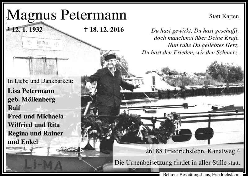  Traueranzeige für Magnus Petermann vom 21.12.2016 aus Nordwest-Zeitung