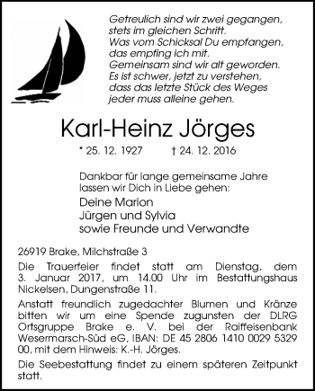Traueranzeige von Karl-Heinz Jörges von Nordwest-Zeitung