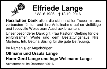 Traueranzeige von Elfriede Lange von Nordwest-Zeitung