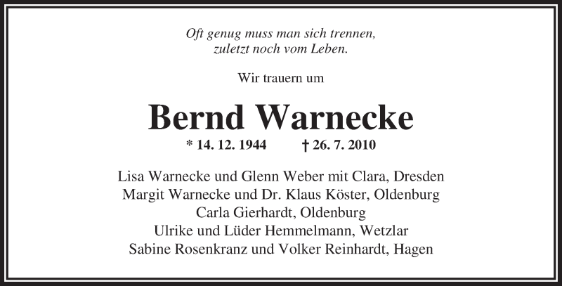  Traueranzeige für Bernd Warnecke vom 02.08.2010 aus Nordwest-Zeitung