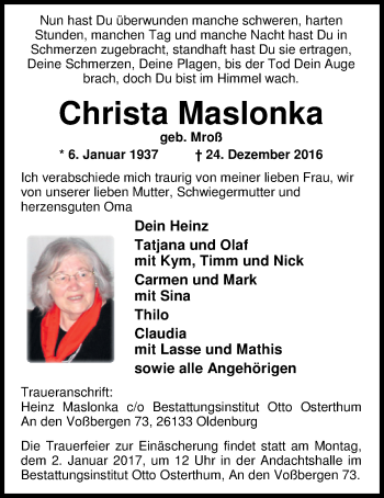 Traueranzeige von Christa Maslonka von Nordwest-Zeitung