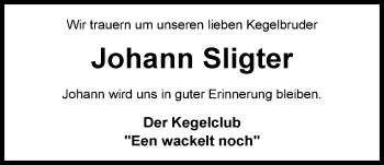 Traueranzeige von Johann Sligter von Nordwest-Zeitung