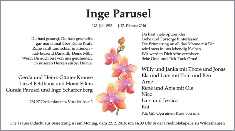  Traueranzeige für Inge Parusel vom 19.02.2016 aus Nordwest-Zeitung