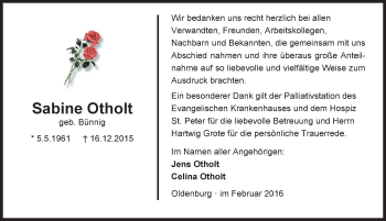 Traueranzeige von Sabine Otholt von Nordwest-Zeitung