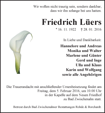 Traueranzeige von Friedrich Lüers von Nordwest-Zeitung