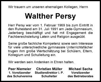 Traueranzeige von Walther Persy von Nordwest-Zeitung