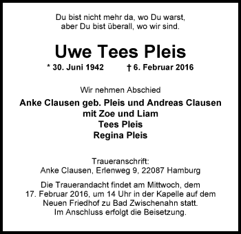 Traueranzeige von Uwe Tees Pleis von Nordwest-Zeitung