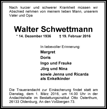 Traueranzeige von Walter Schwettmann von Nordwest-Zeitung