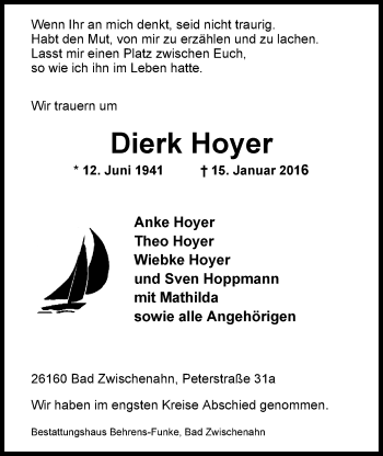 Traueranzeige von Dierk Hoyer von Nordwest-Zeitung