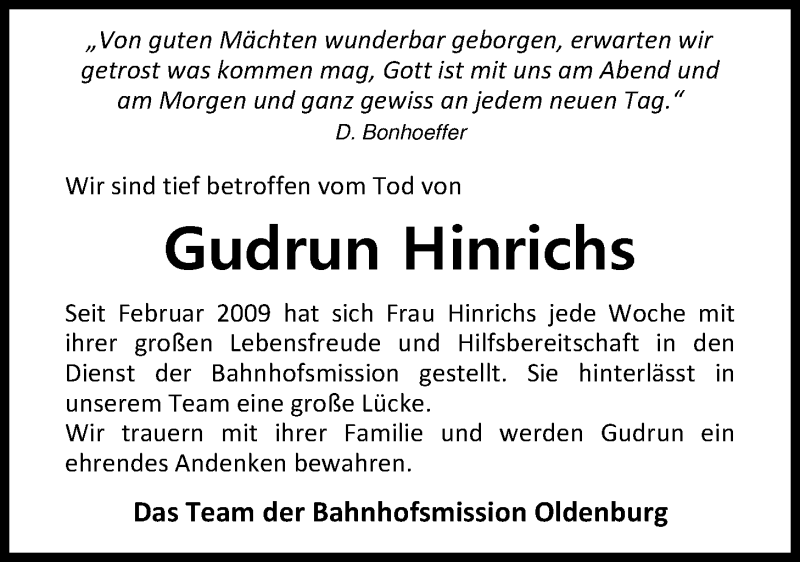  Traueranzeige für Gudrun Hinrichs vom 09.02.2016 aus Nordwest-Zeitung