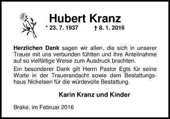 Traueranzeige von Hubert Kranz von Nordwest-Zeitung