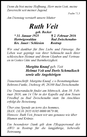 Traueranzeige von Ruth Veit von Nordwest-Zeitung
