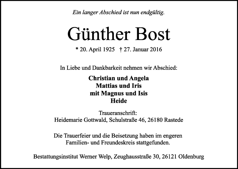  Traueranzeige für Günther Bost vom 11.02.2016 aus Nordwest-Zeitung