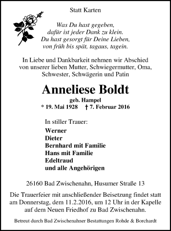 Traueranzeige von Anneliese Boldt von Nordwest-Zeitung
