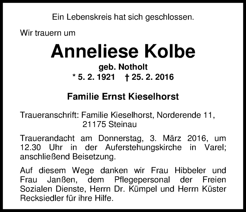  Traueranzeige für Anneliese Kolbe vom 27.02.2016 aus Nordwest-Zeitung