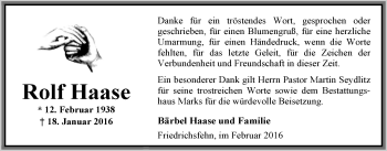 Traueranzeige von Rolf Haase von Nordwest-Zeitung
