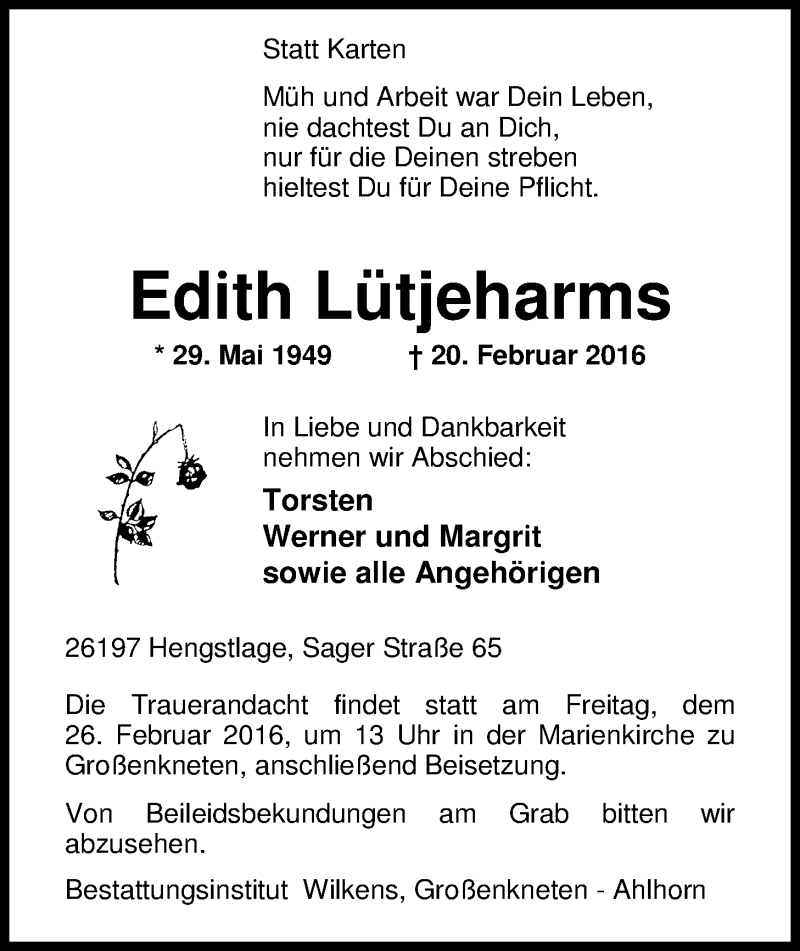  Traueranzeige für Edith Lütjeharms vom 24.02.2016 aus Nordwest-Zeitung