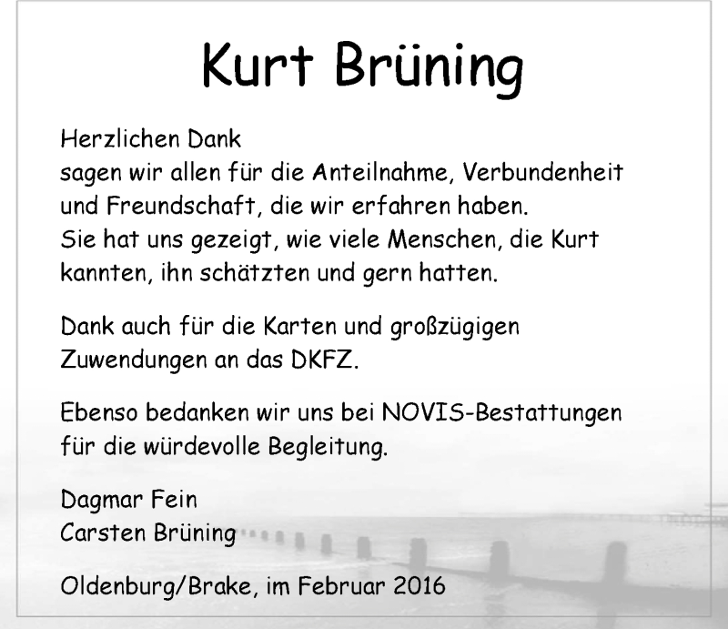  Traueranzeige für Kurt Brüning vom 27.02.2016 aus Nordwest-Zeitung