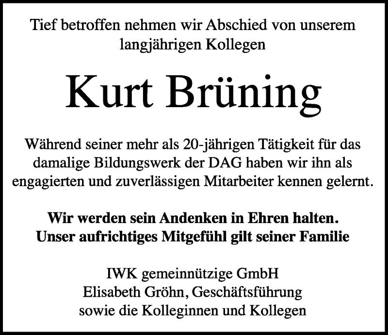  Traueranzeige für Kurt Brüning vom 02.02.2016 aus Nordwest-Zeitung
