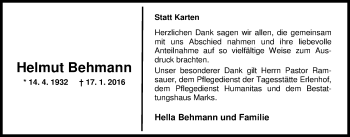 Traueranzeige von Helmut Behmann von Nordwest-Zeitung