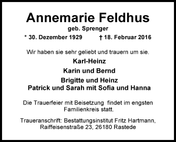 Traueranzeige von Annemarie Feldhus von Nordwest-Zeitung