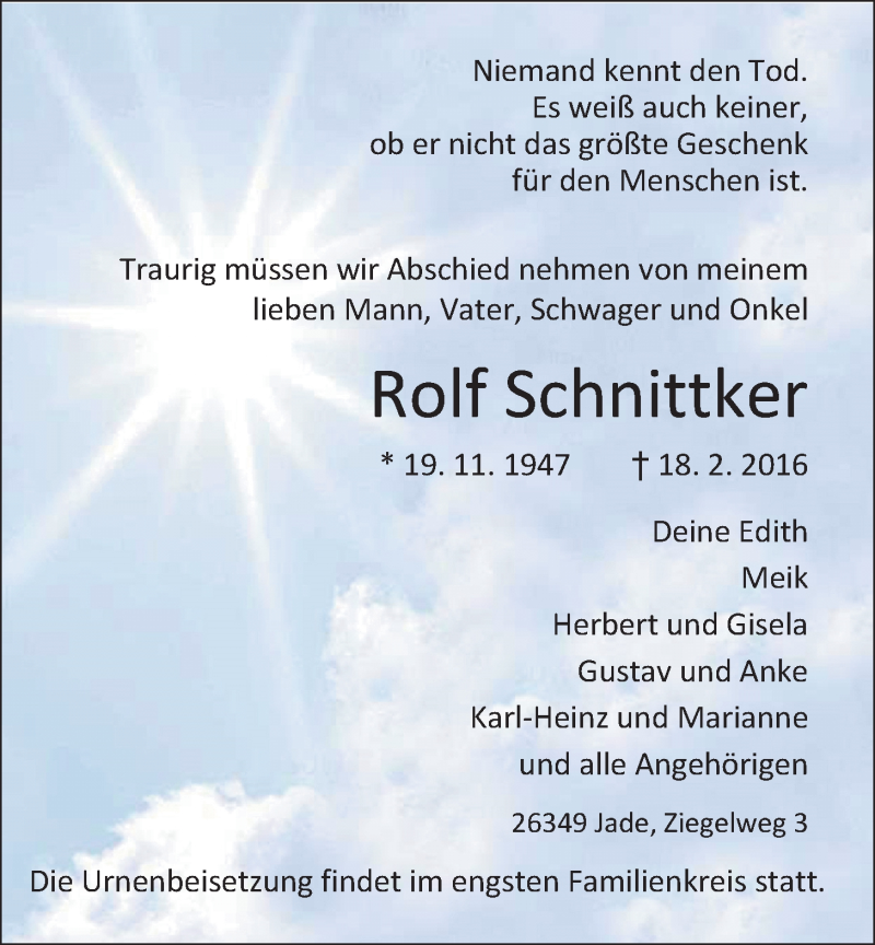  Traueranzeige für Rolf Schnittker vom 24.02.2016 aus Nordwest-Zeitung