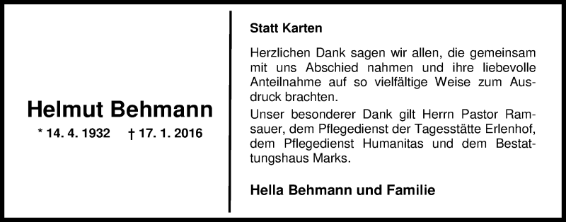  Traueranzeige für Helmut Behmann vom 20.02.2016 aus Nordwest-Zeitung