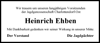 Traueranzeige von Heinrich Ehben von Nordwest-Zeitung