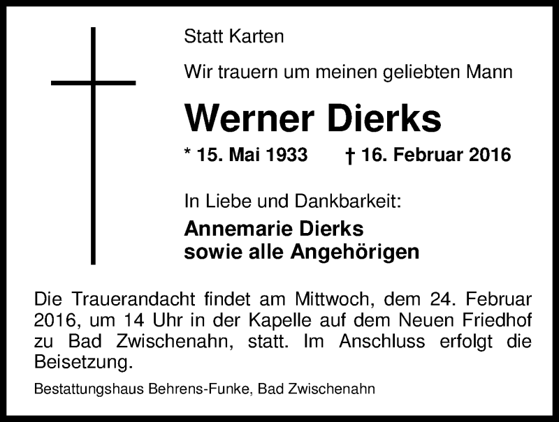  Traueranzeige für Werner Dierks vom 22.02.2016 aus Nordwest-Zeitung