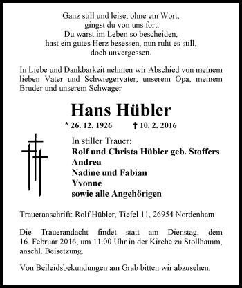 Traueranzeige von Hans Hübler von Nordwest-Zeitung