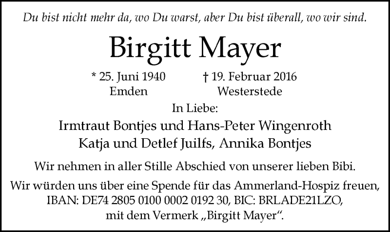  Traueranzeige für Birgitt Mayer vom 26.02.2016 aus Nordwest-Zeitung