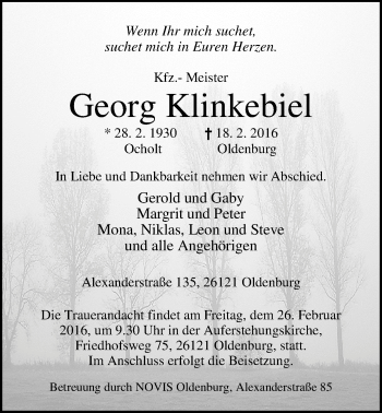 Traueranzeige von Georg Klinkebiel von Nordwest-Zeitung