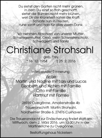 Traueranzeige von Christiane Strohsahl von Nordwest-Zeitung