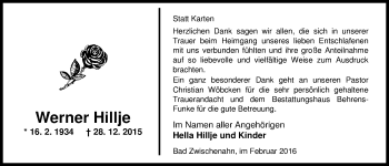 Traueranzeige von Werner Hillje von Nordwest-Zeitung