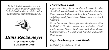 Traueranzeige von Hans Reckemeyer von Nordwest-Zeitung