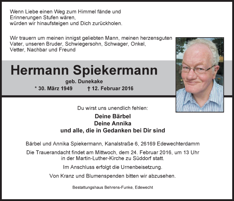  Traueranzeige für Hermann Spiekermann vom 20.02.2016 aus Nordwest-Zeitung
