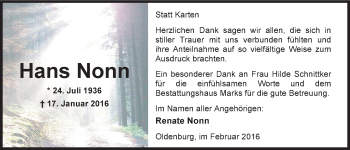 Traueranzeige von Hans Nonn von Nordwest-Zeitung