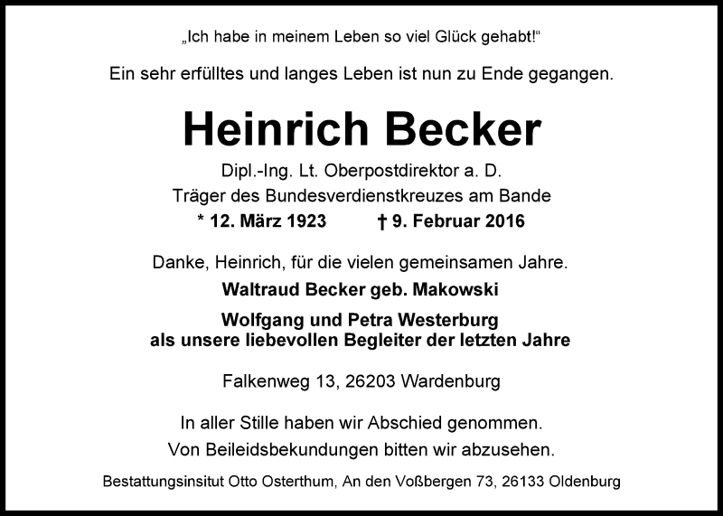  Traueranzeige für Heinrich Becker vom 13.02.2016 aus Nordwest-Zeitung