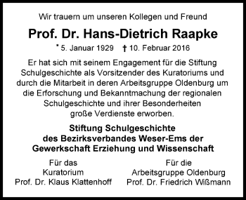 Traueranzeige von Hans-Dietrich Raapke von Nordwest-Zeitung