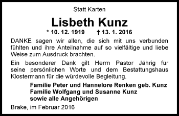 Traueranzeige von Lisbeth Kunz von Nordwest-Zeitung