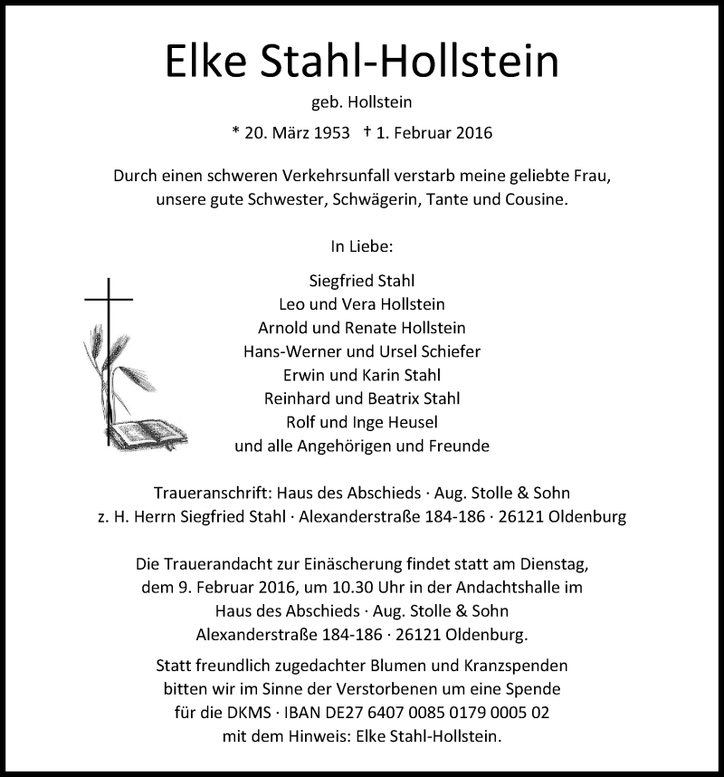  Traueranzeige für Elke Stahl-Hollstein vom 05.02.2016 aus Nordwest-Zeitung