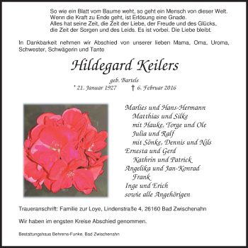 Traueranzeige von Hildegard Keilers von Nordwest-Zeitung