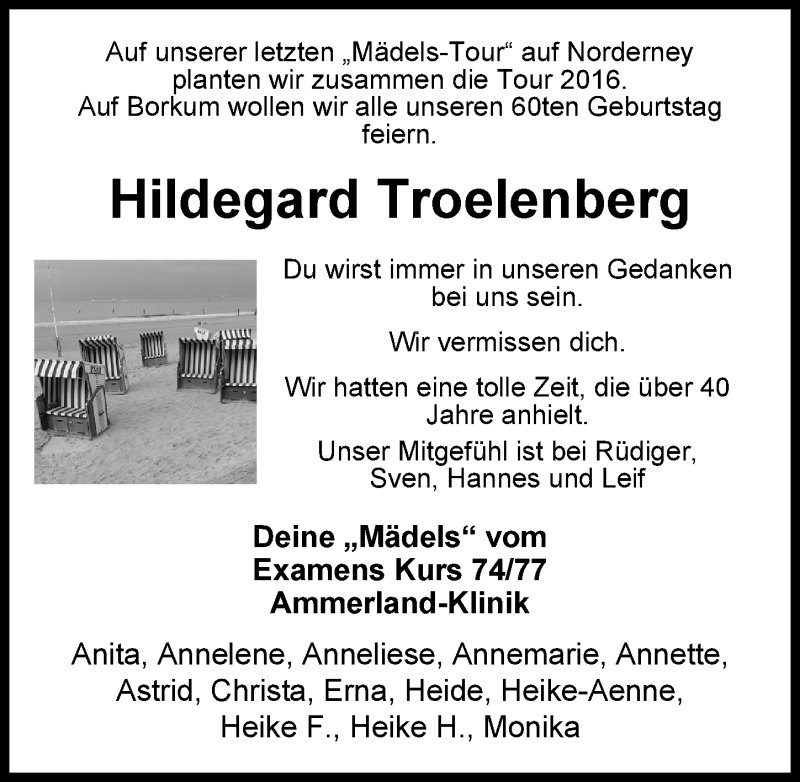  Traueranzeige für Hildegard Troelenberg vom 17.02.2016 aus Nordwest-Zeitung