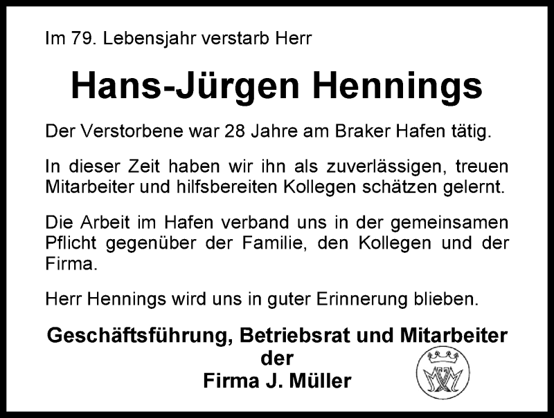  Traueranzeige für Hans-Jürgen Hennings vom 20.02.2016 aus Nordwest-Zeitung