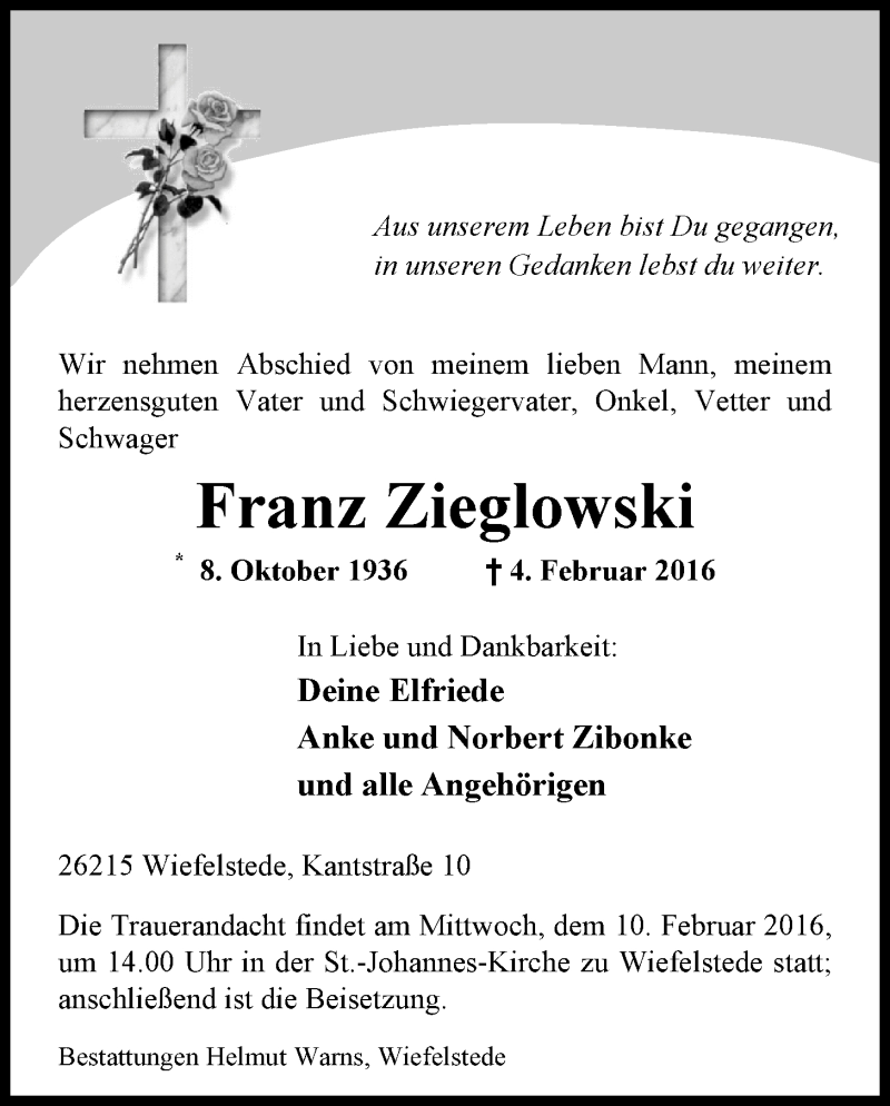  Traueranzeige für Franz Zieglowski vom 06.02.2016 aus Nordwest-Zeitung