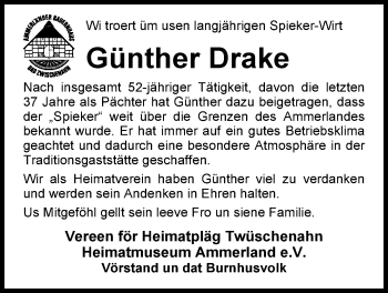 Traueranzeige von Günther Drake von Nordwest-Zeitung
