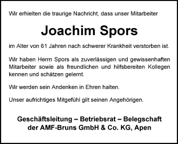 Traueranzeige von Joachim Spors von Nordwest-Zeitung